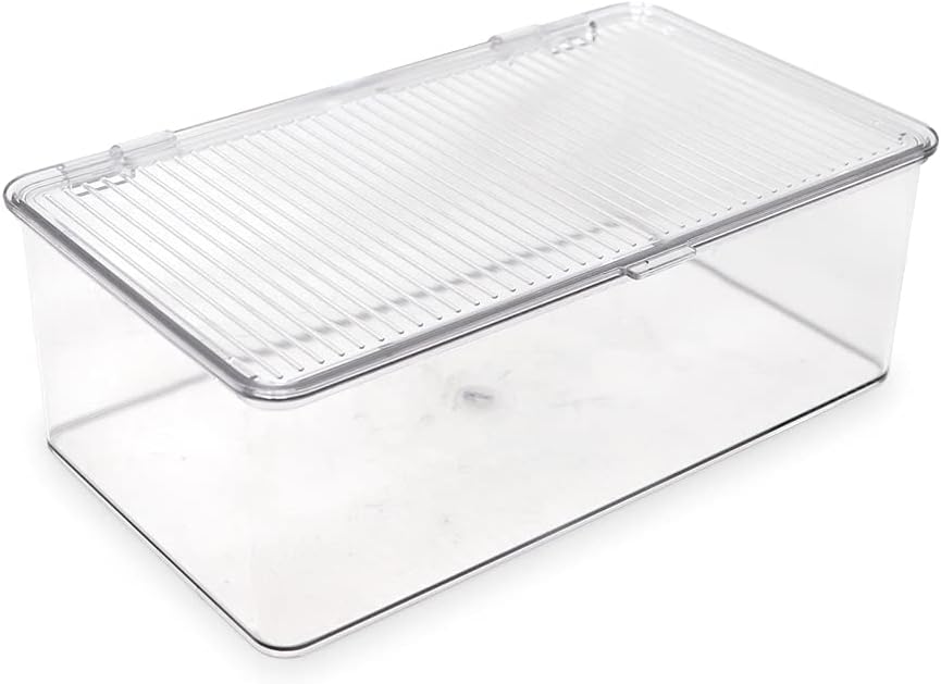 Medium Stackable Organizer Bin (10.75”x6.5”x3.7”) w/ Hinged Lid, Clear Storage Box, Home, Office, School, Fridge