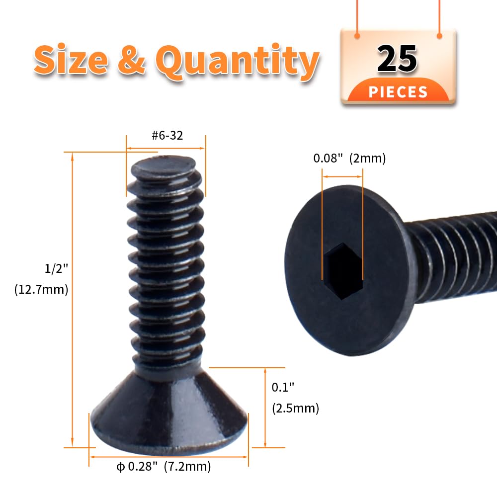 #6-32 X 1/2" Flat Head Socket Cap Screws 10.9 Grade Carbon Steel