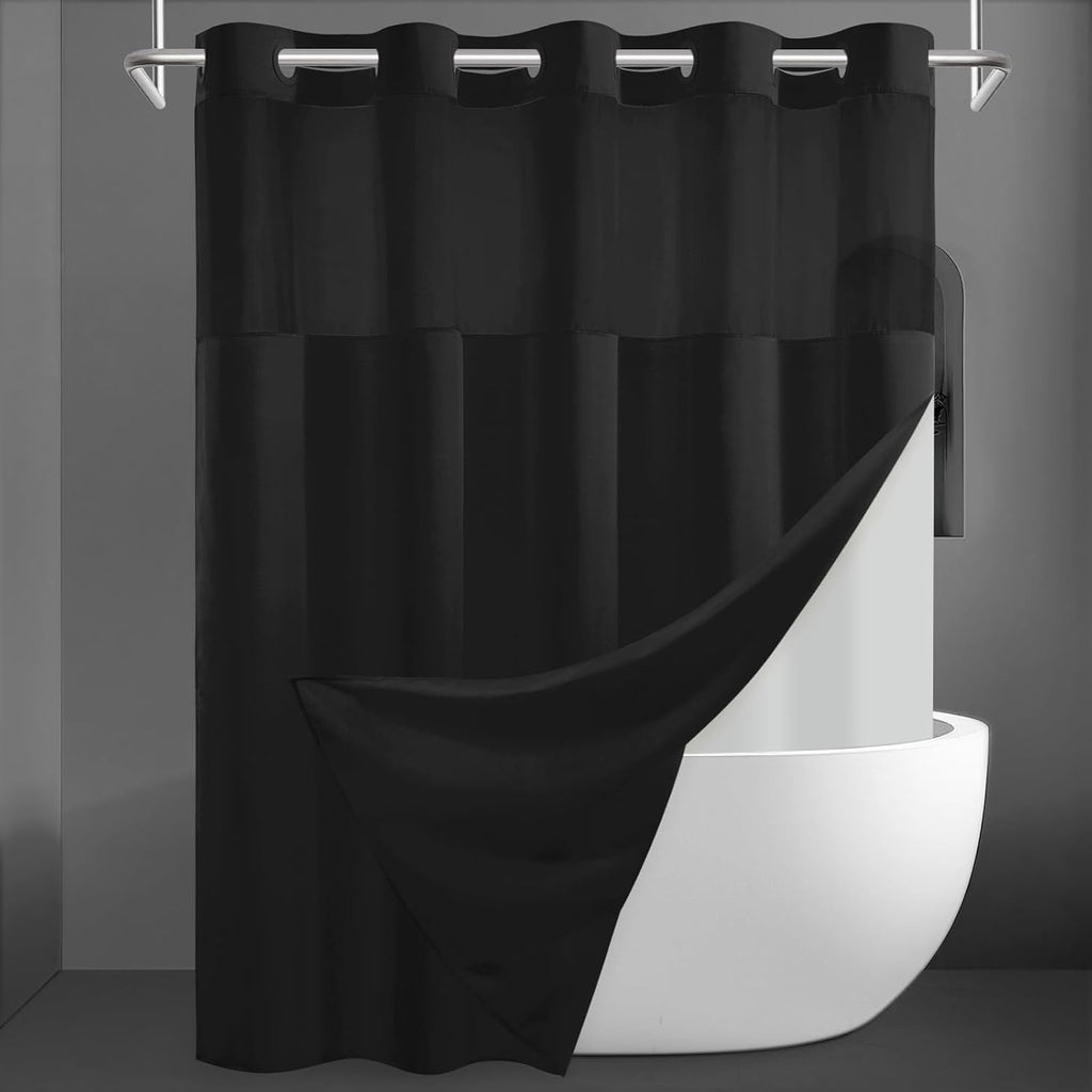 No Hook Slub Textured Shower Curtain with Snap in Liner - Black Fabric Outer Curtain & Waterproof Inner Liner, Hotel