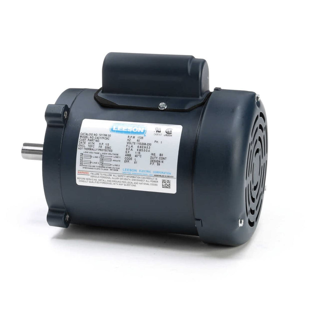 Leeson Electric 101766.00 General Purpose Motor - 1 ph, 1/3 hp, 1800 rpm, 115/208-230 V, S56C Frame, TEFC (Totally Enclosed Fan Cooled) Enclosure, 60 Hz, C-Face Flange Mount, 1725 rpm Base RPM