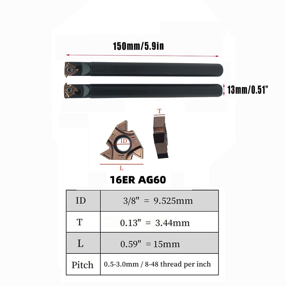 Lather Threading Tool Bit Set External Internal Threading Boring Bars Turning Tool Holders with 11IR AG60 16ER 16IR AG60 Carbide Threading Inserts (2pcs Boring Bars + 16ER IR AG60)