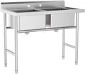Commercial 304 Stainless Steel Sink 2 Compartment Free Standing Utility Sink for Garage, Restaurant, Kitchen, Laundry