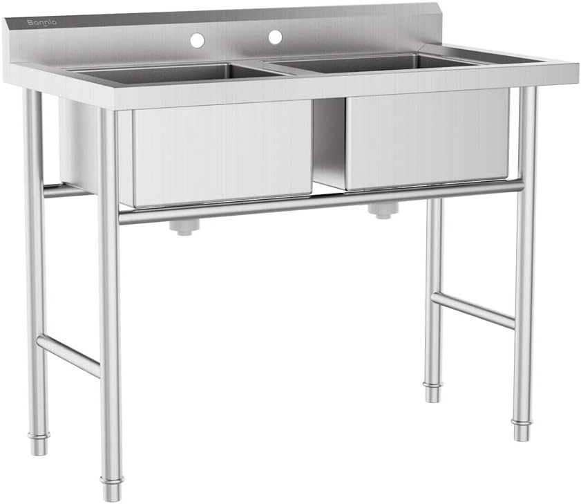 Commercial 304 Stainless Steel Sink 2 Compartment Free Standing Utility Sink for Garage, Restaurant, Kitchen, Laundry