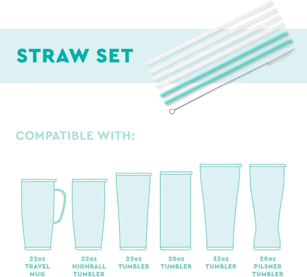Reusable Straw Set with Cleaning Brush, Oh Happy Day + Pink | Reusable Straw Set - Cleaning Brush Included - 14 Inch