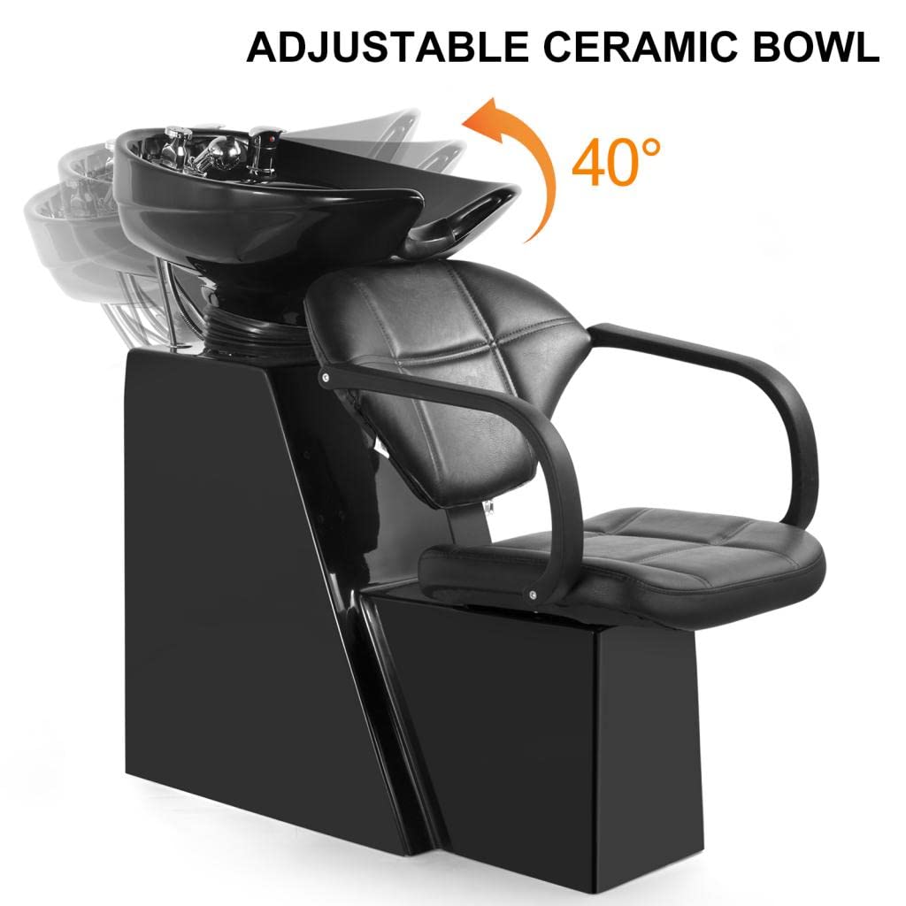 Shampoo Bowl Backwash Barber Chair Ceramic Bowl (Black) | Adjustable Bowl, Sink W/Rubber Headrest, Salon Beauty Spa