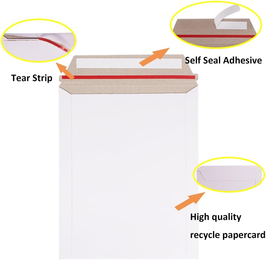100 Pack 7x9 inch Rigid Mailer Self Seal Photo Document Mailers, Stay Flat White Cardboard Shipping Envelopes White