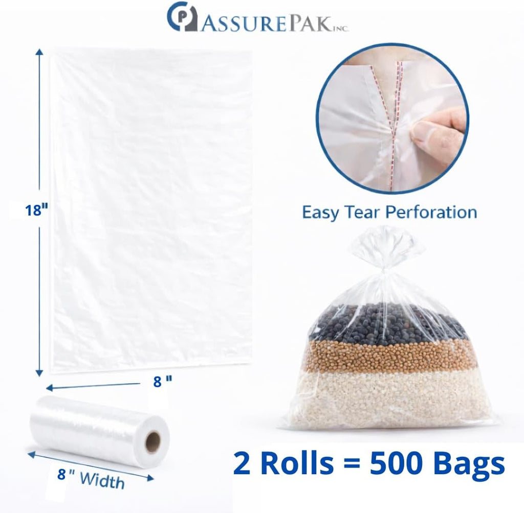 Clear Poly Bags, 8" x 4" x 18", 1 Mil, 500 Count, 2 Rolls