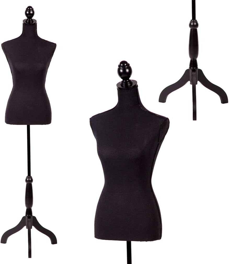Female Mannequin Torso | Black | with 7" Height Adjustment | High-Density Foam with Wood Tripod Stand | Secure Fit