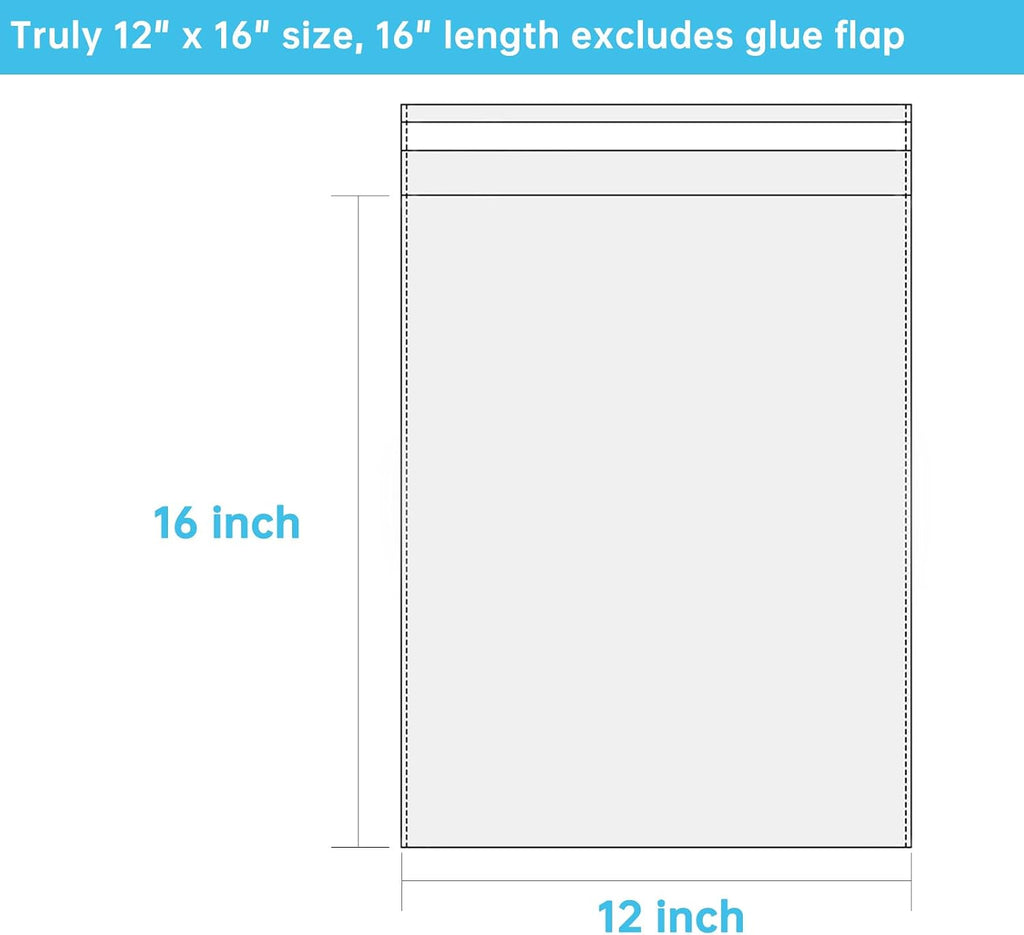 Self Sealing Cellophane Bags, Clear, 12x16 in, 100 Pcs