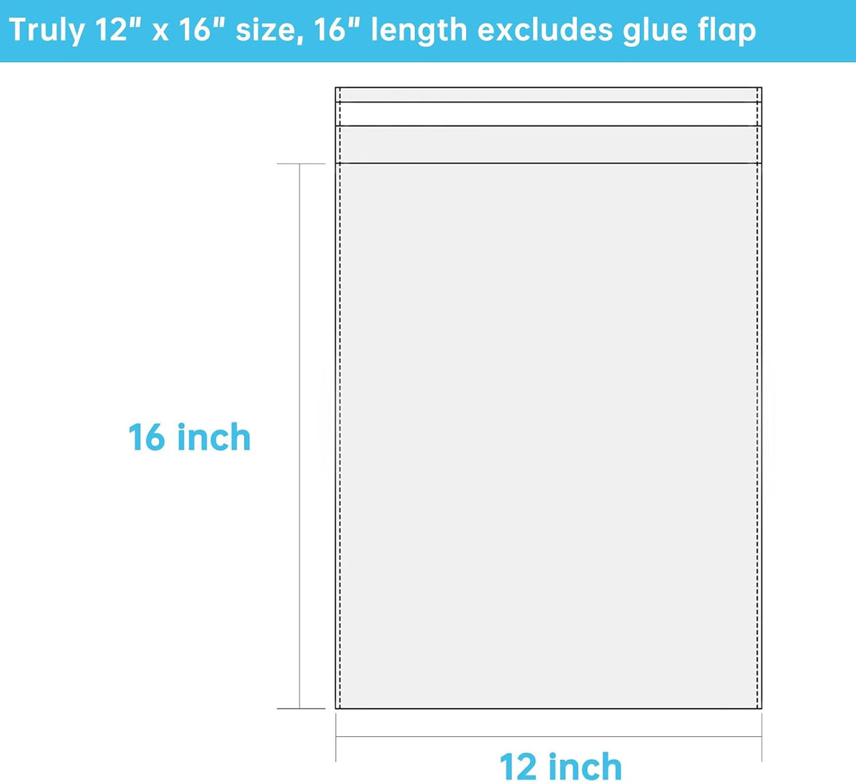 Self Sealing Cellophane Bags, Clear, 12x16 in, 100 Pcs
