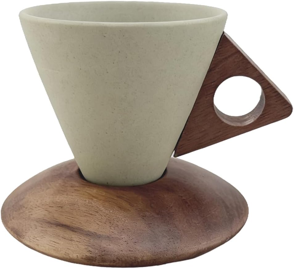 Cone Ceramic Coffee Mug with Acacia Wood Base - Conical Espresso Cup Set, Solid Wooden Triangle Handle and Coaster