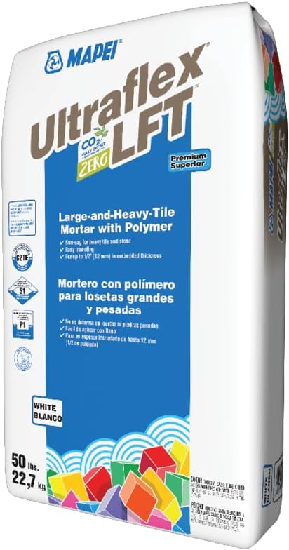 Ultraflex LFT Premium Non-Sag Polymer-Enhanced Thinset Mortar, White, 50lbs Bag, for Indoor and Outdoor Installation