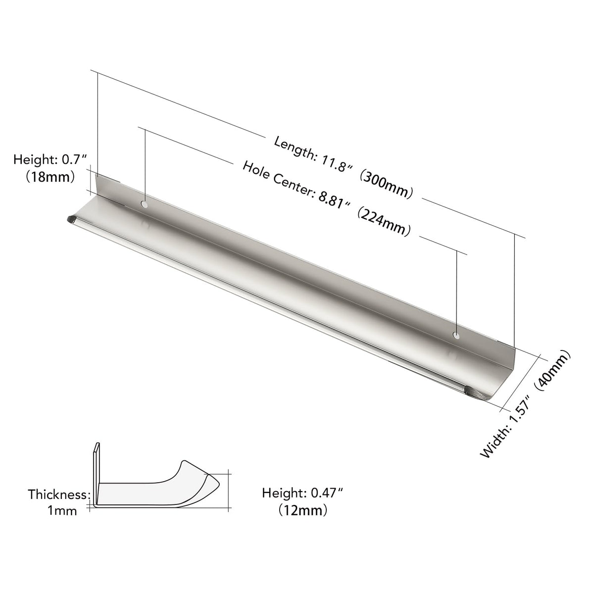 Brushed Nickel Cabinet Handles Finger Edge Pulls 11.8 Inch CC 6 Pack