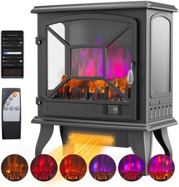 Electric Fireplace Stove, 23''H Freestanding Heater with Realistic Flame Effect, APP & Remote Control, Timer