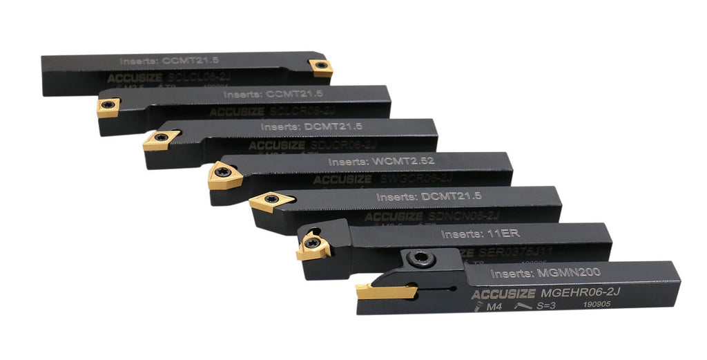 Accusize Industrial Tools 7 Pieces/Set 3/8'' Indexable Carbide Turning Tool Set with 10 Extra Carbide Inserts in Fitted Box, 2387-2003plus