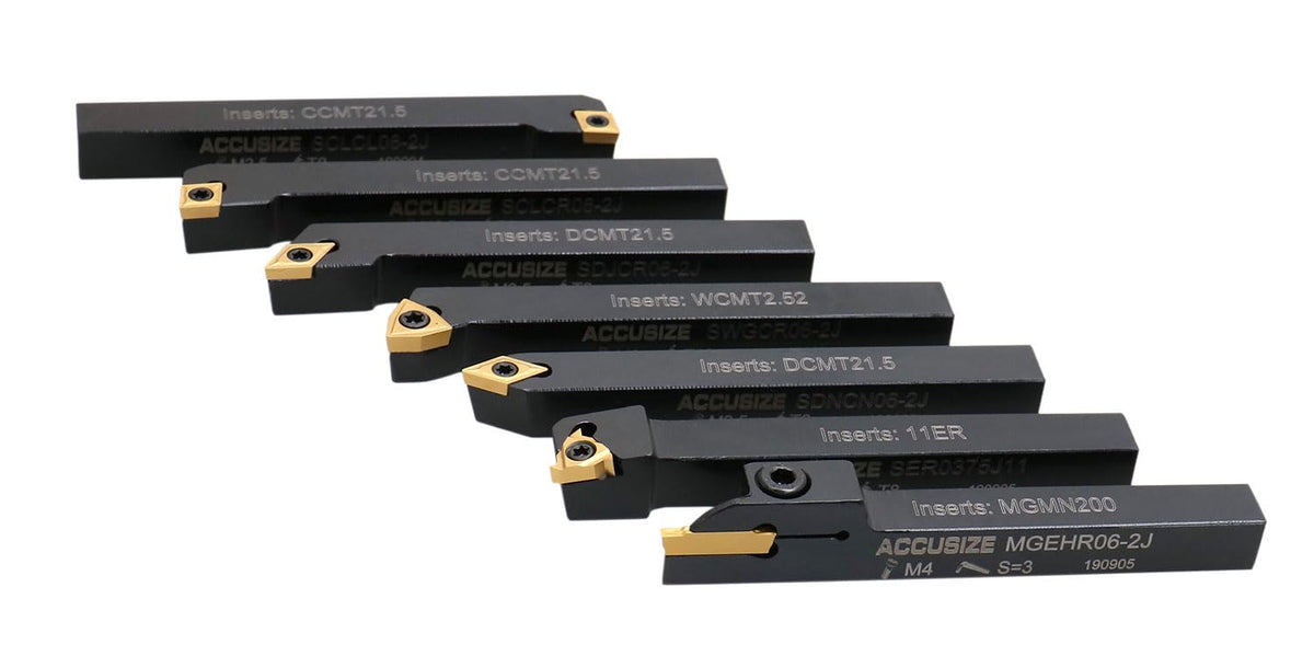 Accusize Industrial Tools 7 Pieces/Set 3/8'' Indexable Carbide Turning Tool Set with 10 Extra Carbide Inserts in Fitted Box, 2387-2003plus