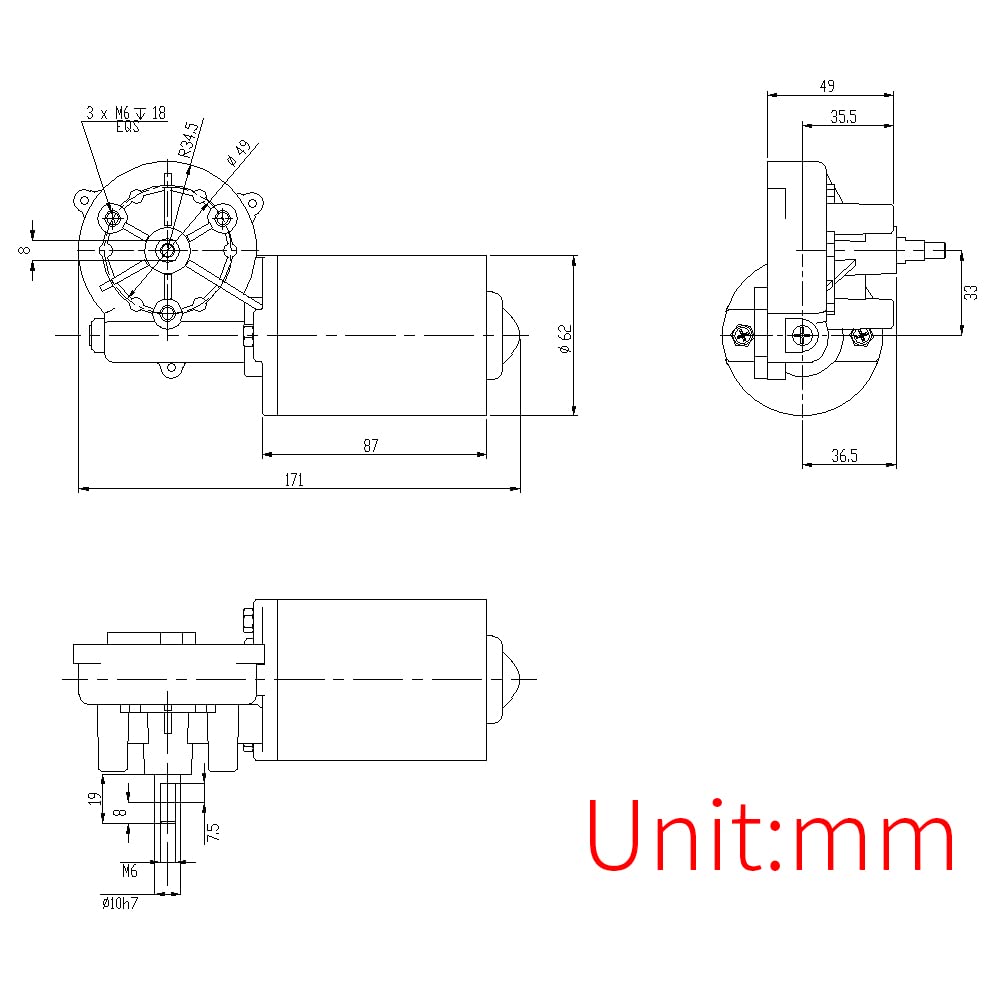 High Torque PMDC Right Angle Gear Motor 12V Reversible 50 RPM (Right Gear-Box) with Threaded Shaft
