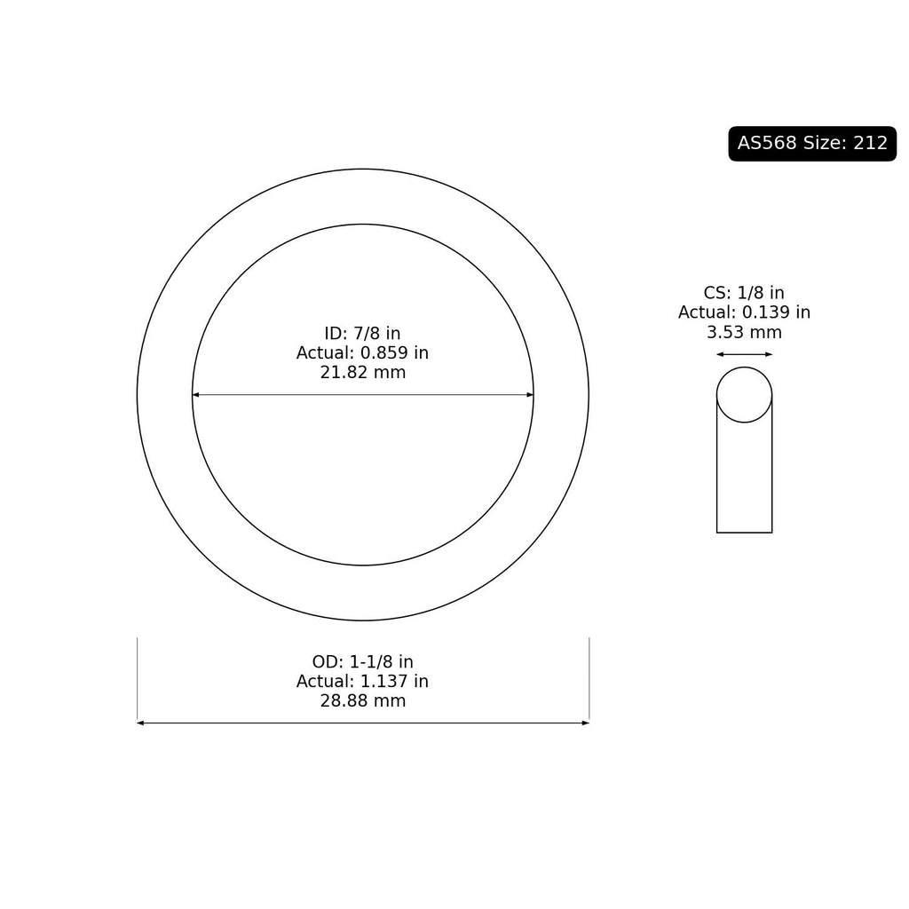 25 PK AS-212 Viton O-Ring, 75A 7/8" ID, 1-1/8" OD, 1/8" Width, Black