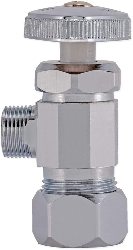 Multi-Turn Angle Stop Valve with Nut and Sleeve, 3/8 Inch OD x 5/8 Inch OD, Chrome Plate, 48290LF