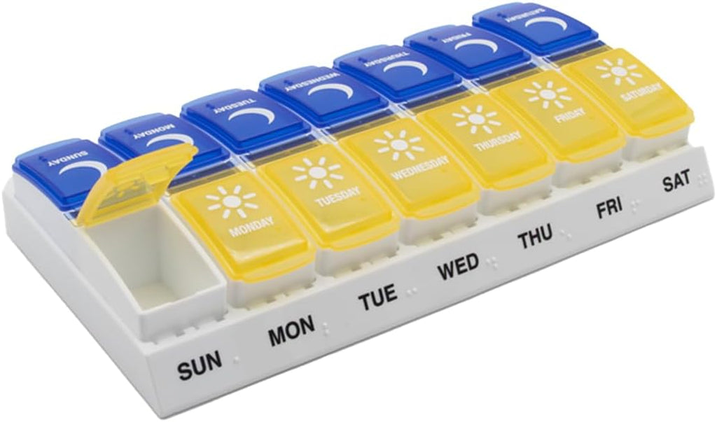 Weekly (7-Day) AM/PM Pill Organizer, Daily Vitamin Container and Medicine Box, Large Pop-Out Compartments, Designed