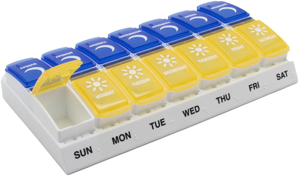 Weekly (7-Day) AM/PM Pill Organizer, Daily Vitamin Container and Medicine Box, Large Pop-Out Compartments, Designed