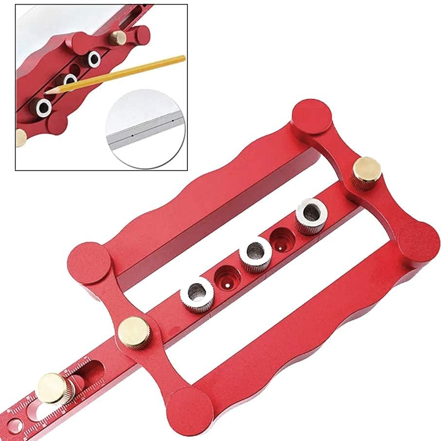 Self Centering Doweling Jig Woodworking Joinery Hole Drill Guide with 1/4 5/16 3/8 Inch Positioner Locator Tool Red