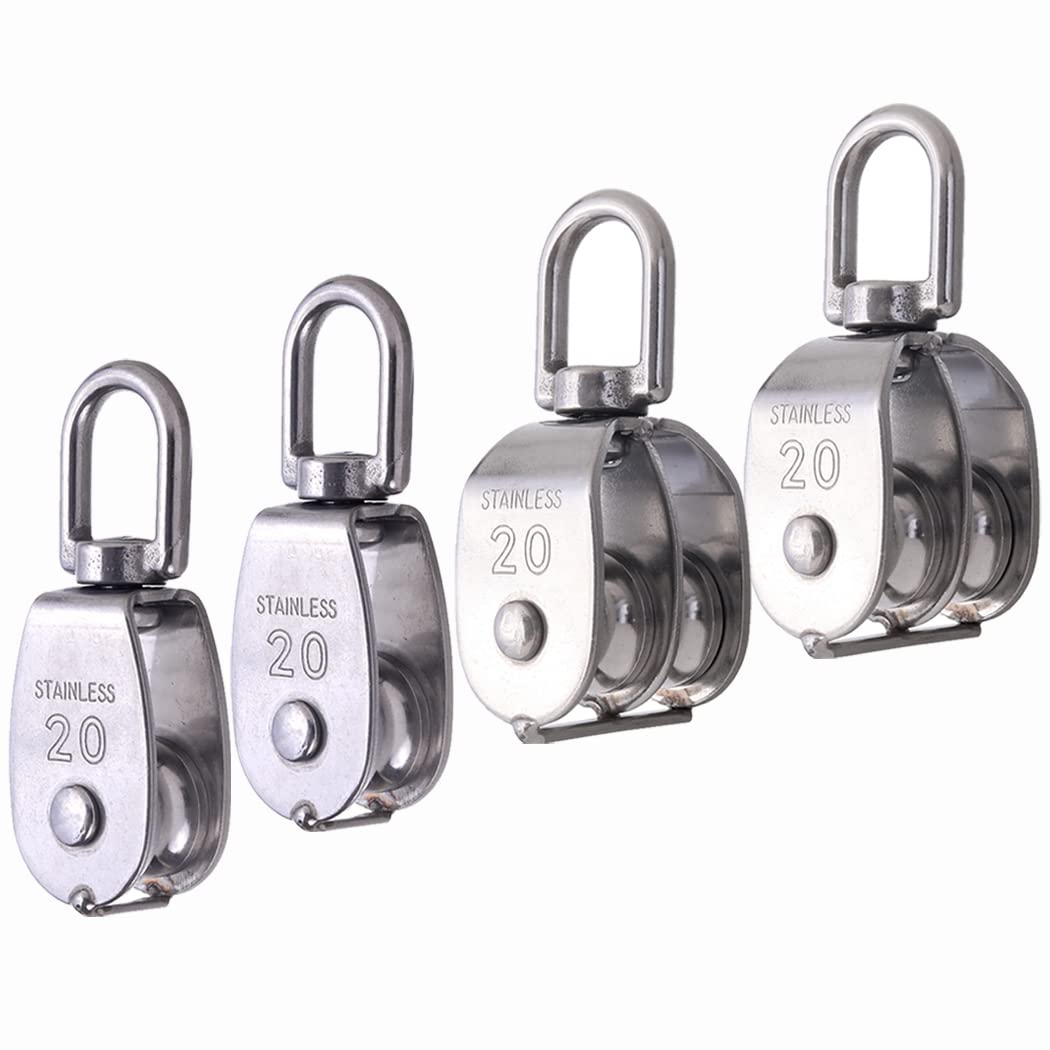Rocaris 4 Pack M20 Pulley Block, 2 Pcs Single Pulley & 2 Pcs Double Pulley
