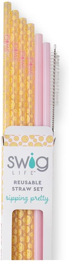Reusable Straw Set with Cleaning Brush, Oh Happy Day + Pink | Reusable Straw Set - Cleaning Brush Included - 14 Inch