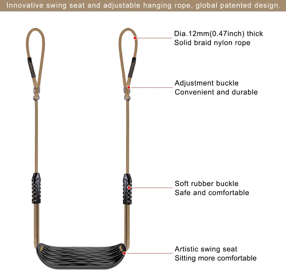 Plastic Swing Seat, Non Slip Tree Swing Set with Adjustable Rope and 2 Carabiners, Heavy Duty Playground Swing Set