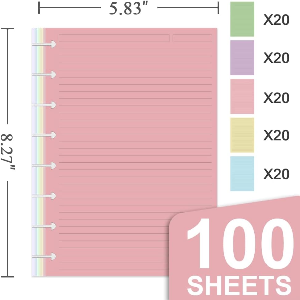 Junior Size TUL Discbound Lined Refill Paper, 8-Disc Disbound Insert, 5 Colors(20 Sheets/Color), Total 100Sheets /