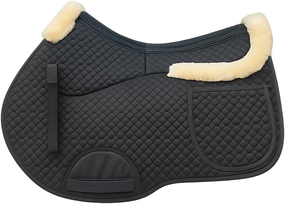 Universal English Saddle Pad with Adjustable Shims, Faux Shearling Trim, Plush Faux Wool, 3D Cooling & Non-Slip Tech.