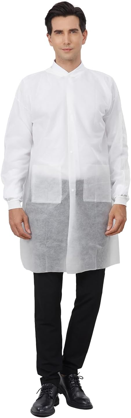 Disposable Lab Coats 10-Pack White 3 Pockets Knitted Cuffs S-2XL