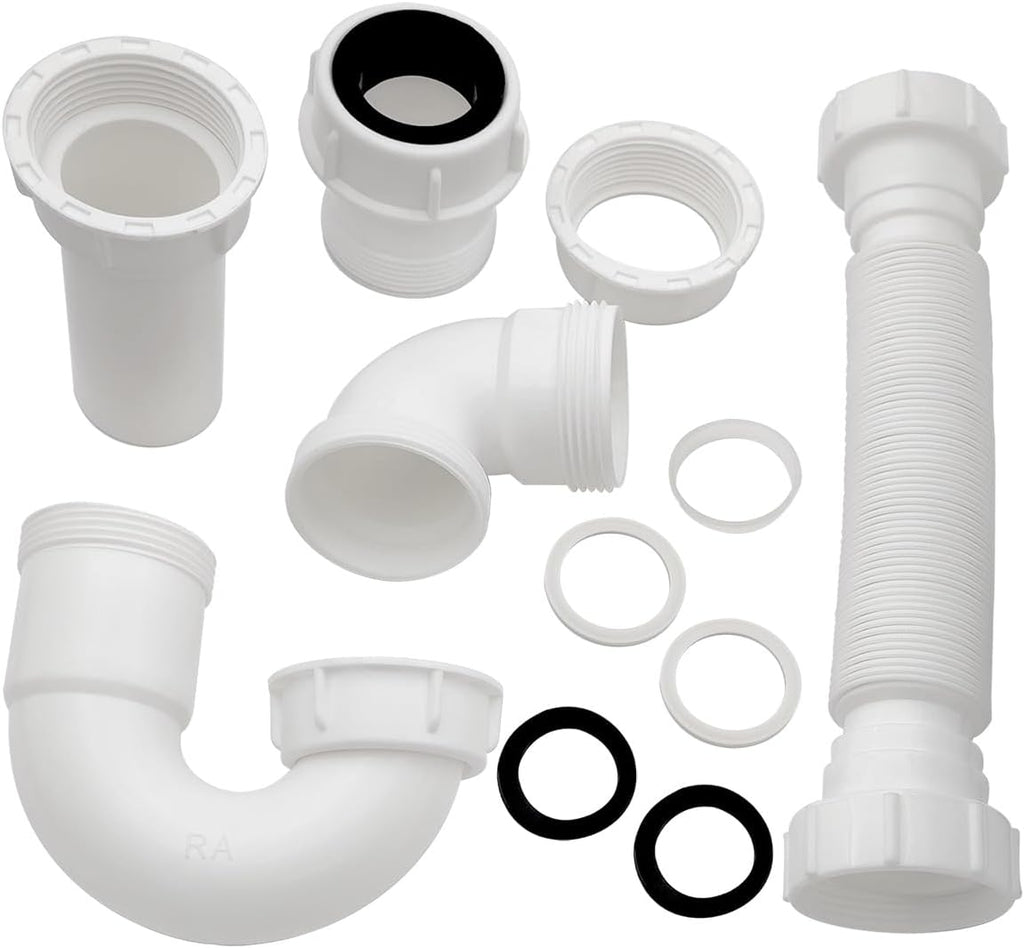 White 1 1/4" and 1-1/2" P-Trap Plumbing Kit with Threaded Adapter, J-Bend for Restroom Sink Kitchen Sink Drain Pipe