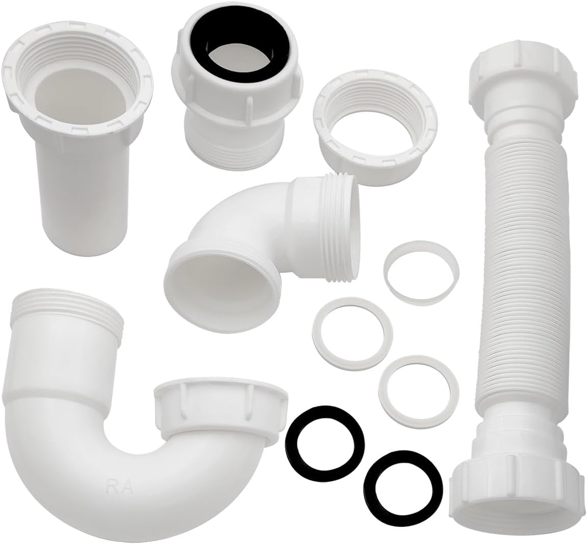 White 1 1/4" and 1-1/2" P-Trap Plumbing Kit with Threaded Adapter, J-Bend for Restroom Sink Kitchen Sink Drain Pipe