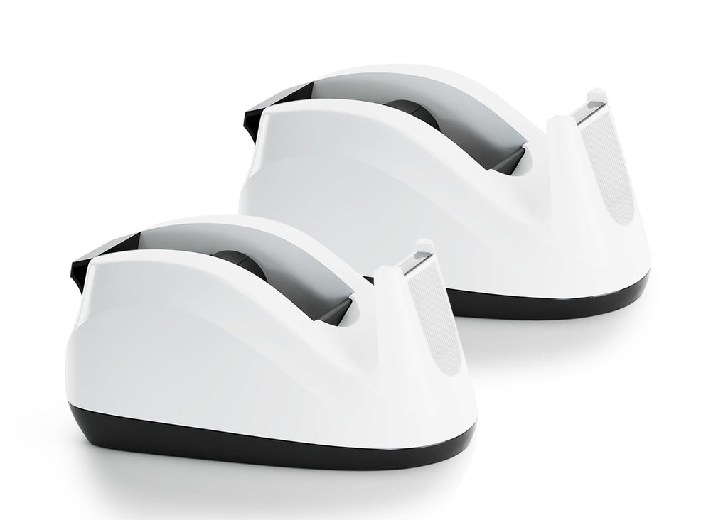 Heavy Base Nonskid Desk Tape Dispenser One-Hand Dispensing, White, 2 Pack