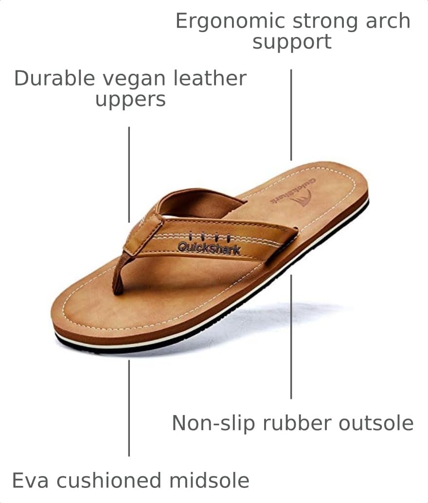 Mens Flip Flops Leather Arch Support Sandals, Khaki, 11