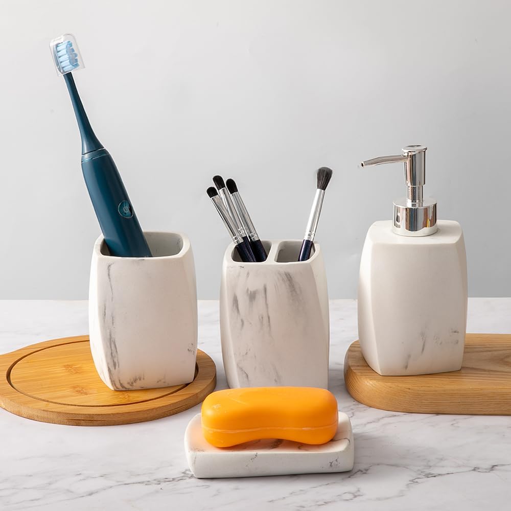 Bathroom Accessory Sets，4 Piece Bathroom Organizer Countertop with Toothbrush Cup,Soap Dispenser,Soap