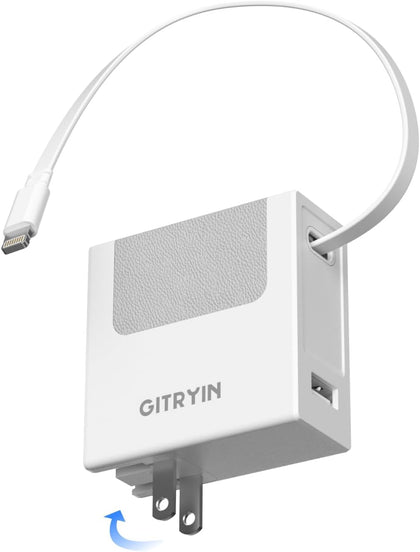 Portable Charger Block, Retractable Wall Charger, 40W PD Fast Charging Block with 33.5in Lightning Cable, Power