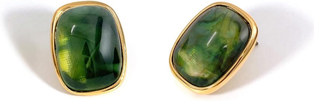 Round Edges Rectangle Shape Studs Earring. Abalone Amber Turquoise Resin Stone Design, 18k Real Gold Plated Bezel