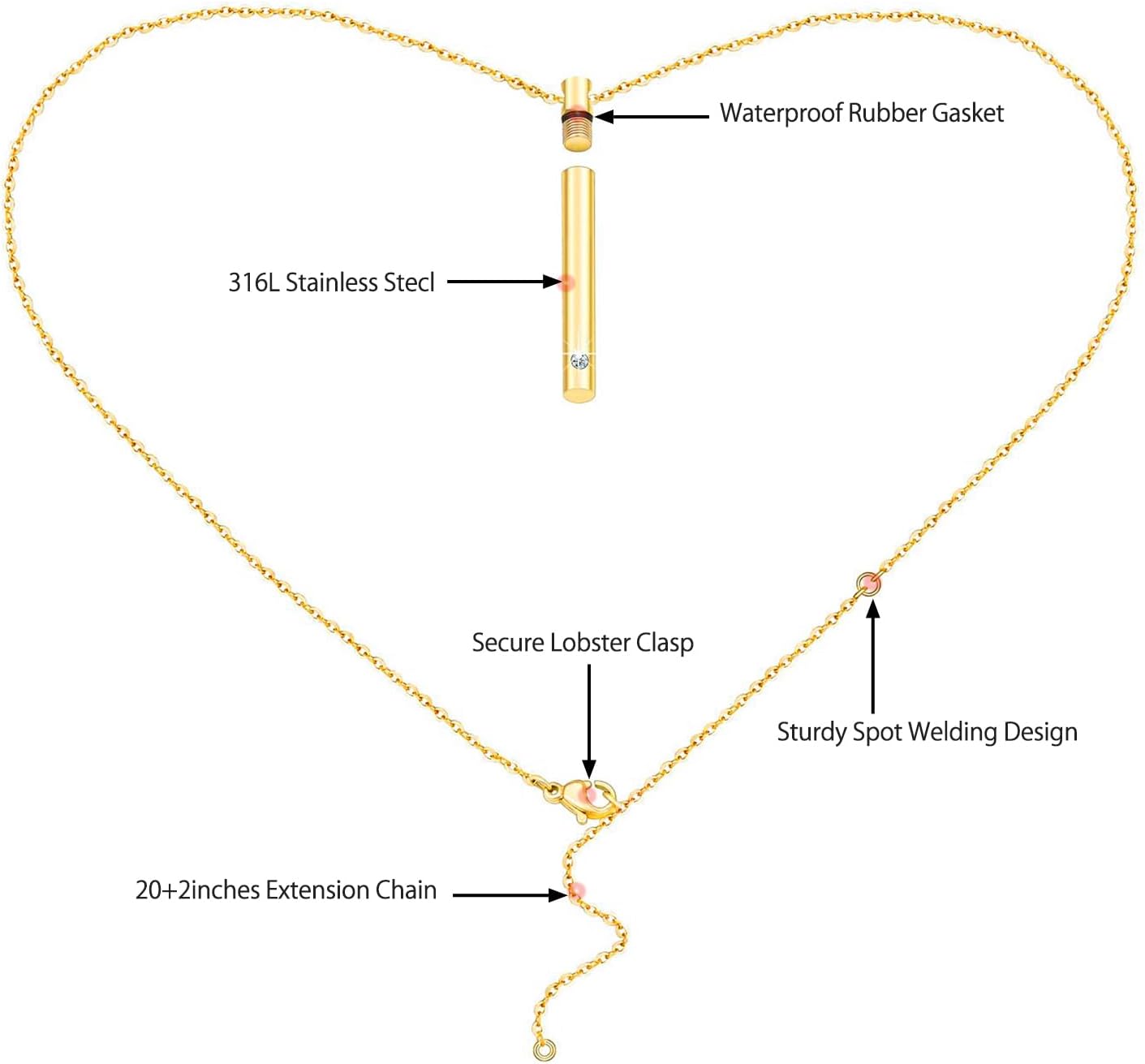 Urn Necklace for Ashes Stainless Steel Cremation Necklace with Crystal Memorial Pendant Necklace