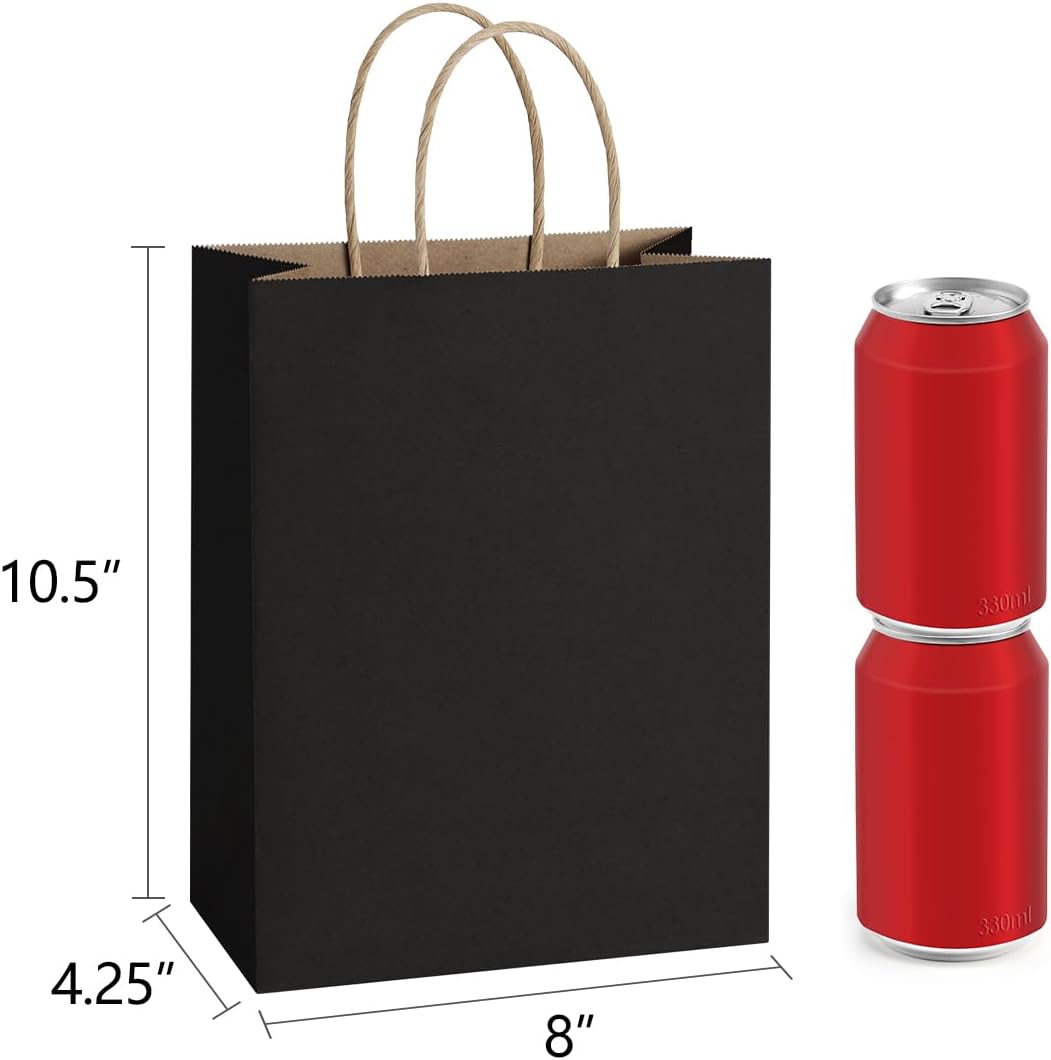 Medium Gift Bags with Handles 8x4.25x10.5 Inch Black 50 Pack Bulk