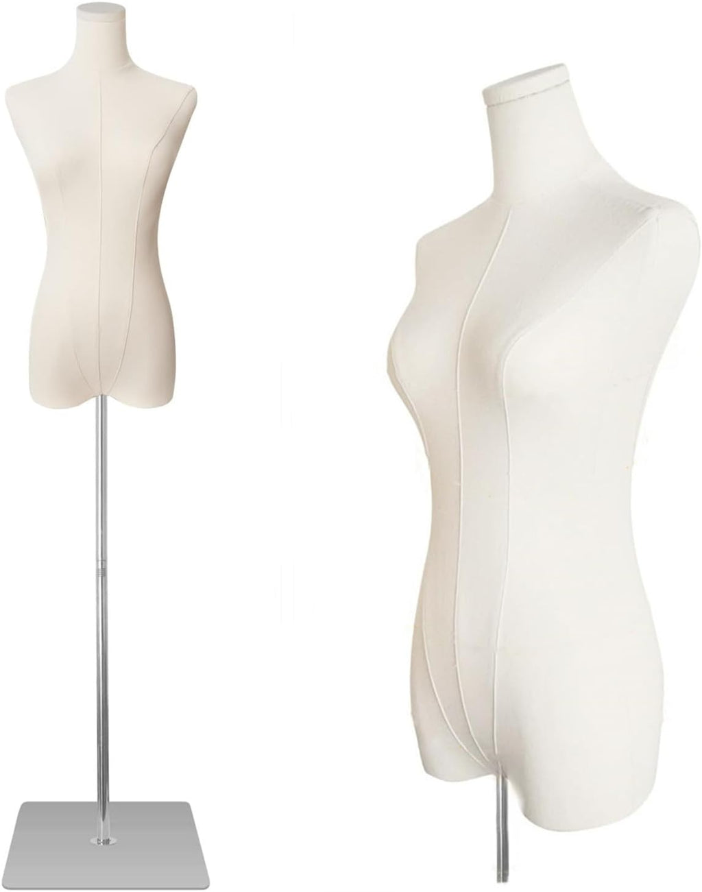 Dress Form Mannequin Body, Female Mannequin Torso with Detachable Silvery Metal Stand and Rectangular Base for