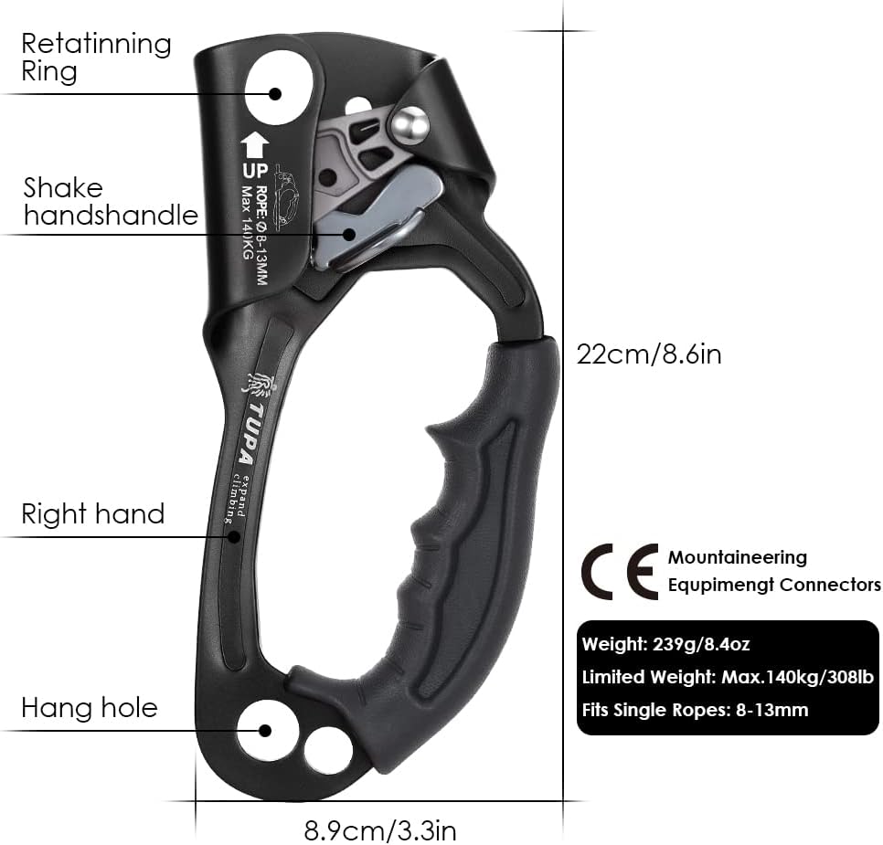 Climbing Hand Ascender 8-13mm Vertical Rope Access with Ergonomic Rubber Handle CE Certified Strong Rappelling Gear