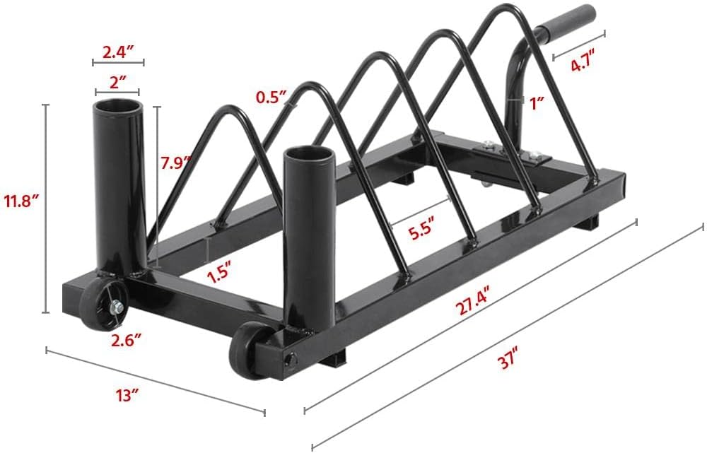 Horizontal Bumper Weight Plate Rack, 2 Barbell Holders and Wheels | Heavy-duty iron frame stores up to 300 lbs of