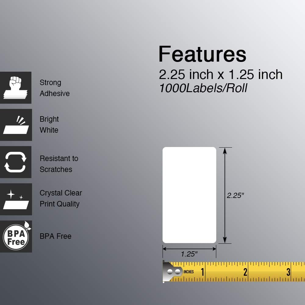 2.25" x 1.25" (57 mm x 32 mm) Thermal Labels, [2 Roll/2000 Label]