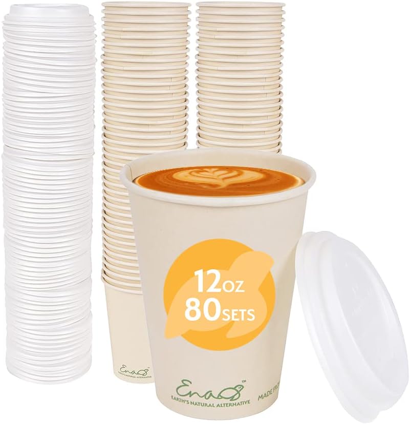 100% Compostable Disposable Coffee Cups with Lids 12oz 80 Set Paper Cups Made from Unbleached Bamboo Fiber