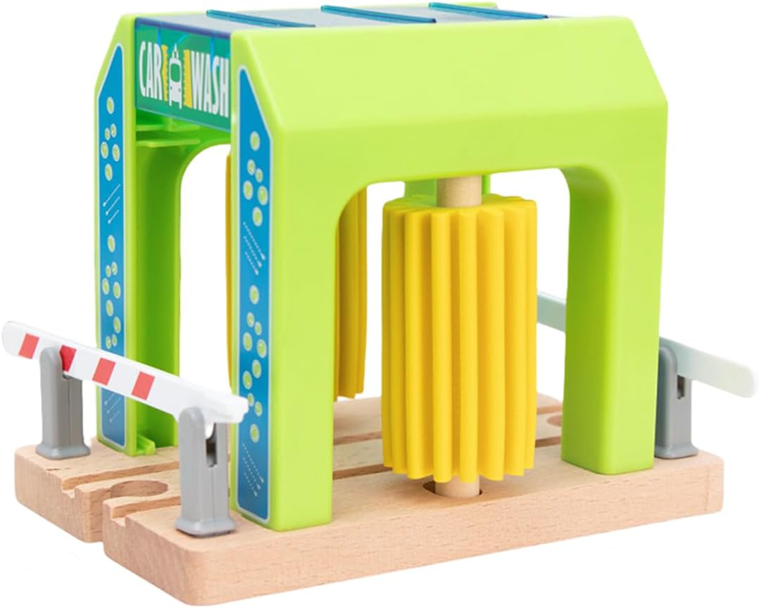 Wooden Car Wash Station with Train Truck,Expansion Pack Compatible with Railway Train Set,Wooden Toy Train Accessory