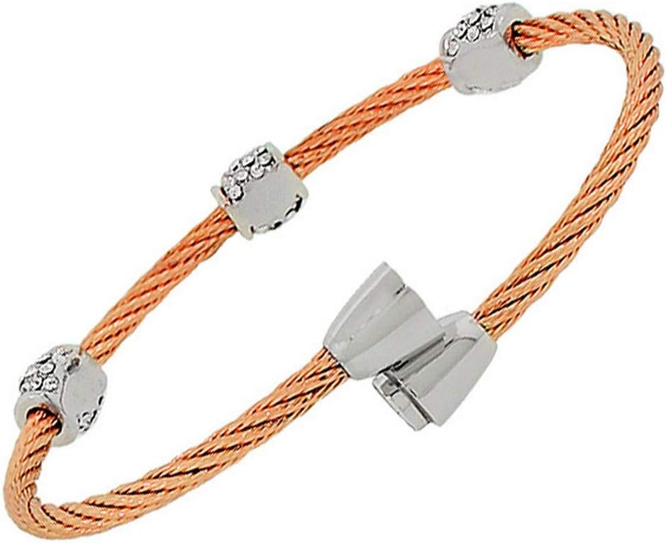 Fashion Alloy Rose Gold-Tone Silver-Tone White CZ Bangle Bracelet