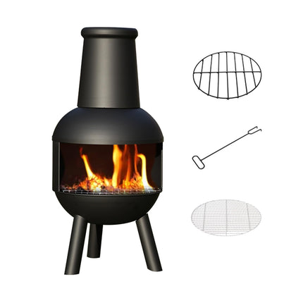 Chiminea, Outdoor Wood Burning Firepit, Fireplace for BBQ & Warming, with Grill Mesh, Chimney & Firewood Rack