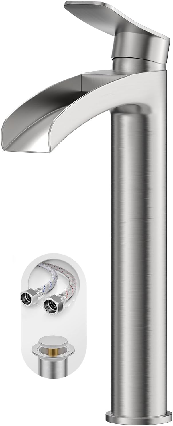 Brushed Nickel Tall Bathroom Vessel Sink Faucet, Single Hole Single Handle Waterfall Modern Above Countertop Sink